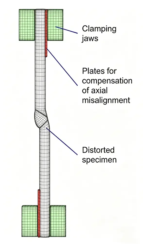 Labeled FEA mesh diagram of tensile test specimen with distortion caused by axial weld joint misalignment