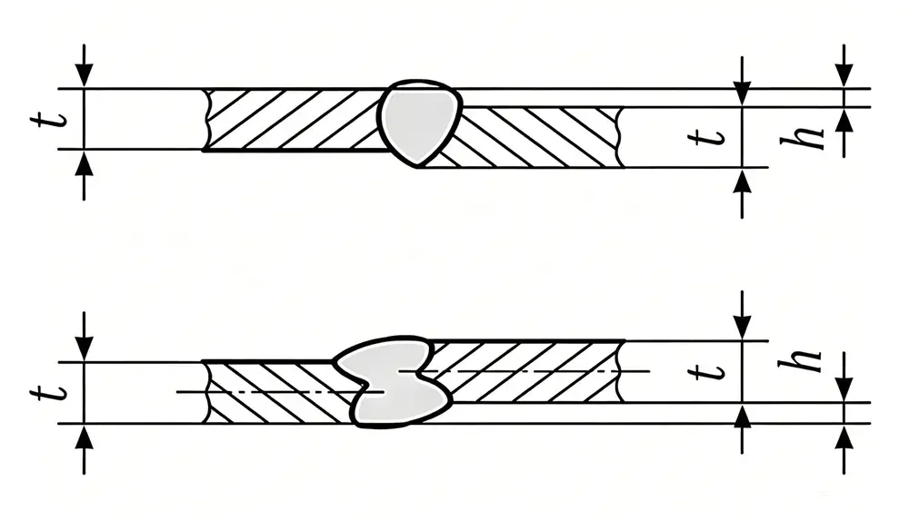 Cross-section technical diagram comparing flush ideal butt weld joint and misaligned hi-lo weld joint with dimension labels t and h