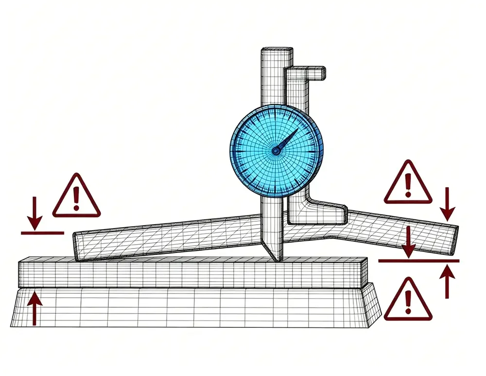 3D mesh schematic using dial gauge to inspect sheet metal flatness and weld misalignment defects with warning labels