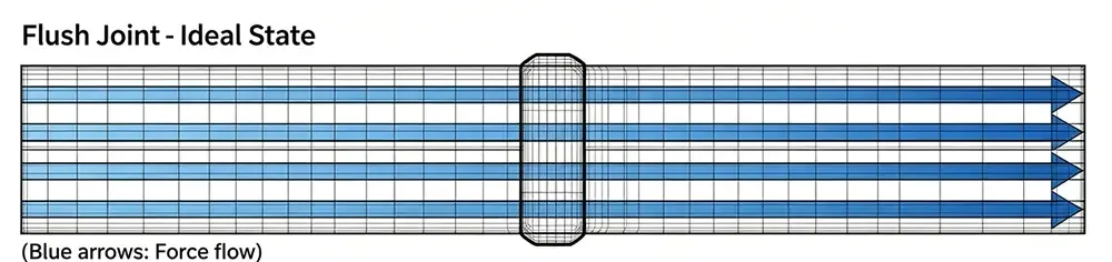 FEA mesh diagram showing uniform force flow through ideal flush butt weld joint without misalignment