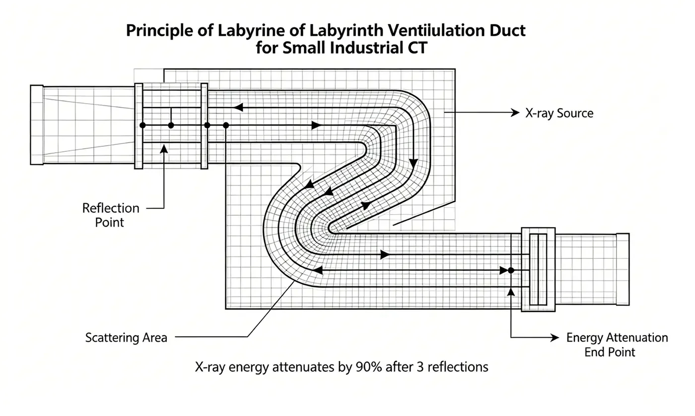 Labyrinth ventilation-duct structure for radiation shielding in a compact industrial CT enclosure