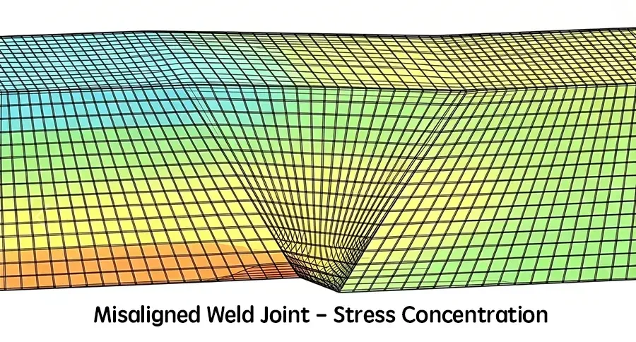 FEA mesh simulation diagram showing obvious stress concentration zone formed on misaligned butt weld joint