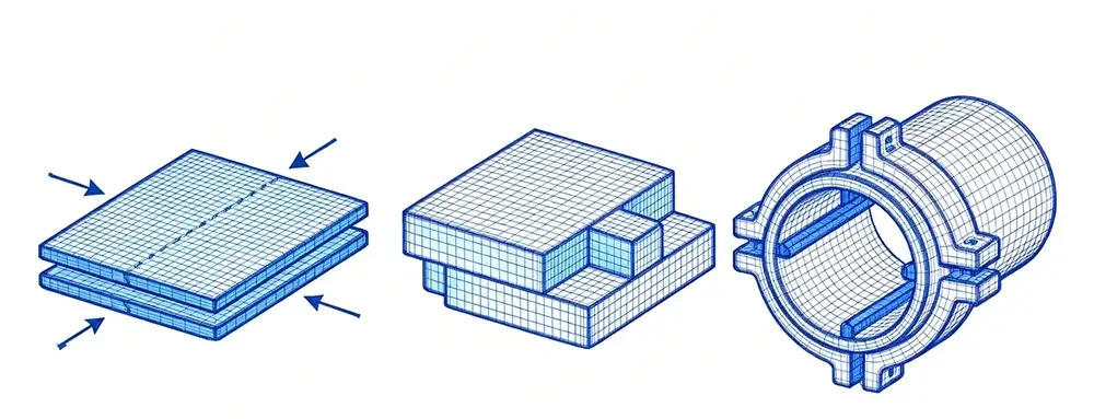 Blue wireframe FEA schematic showing three typical misaligned weld joint structures: plate butt joint, block step joint and tubular pipe joint
