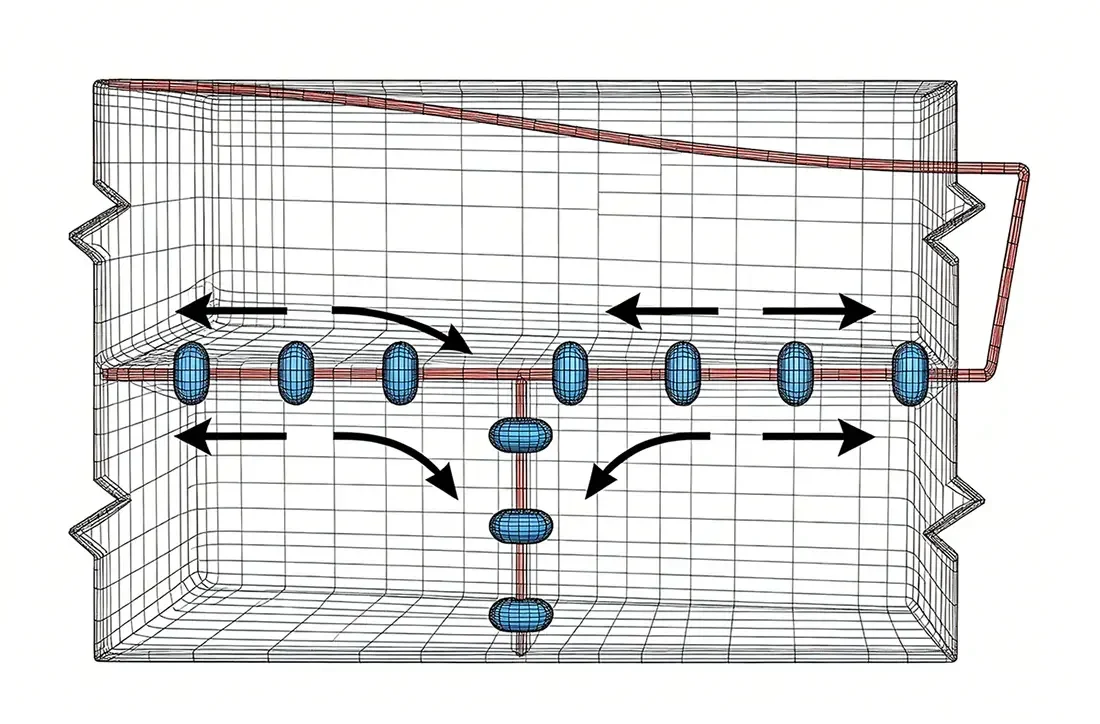 FEA mesh schematic illustrating internal stress flow direction distribution inside multi-pass welded sheet metal joint