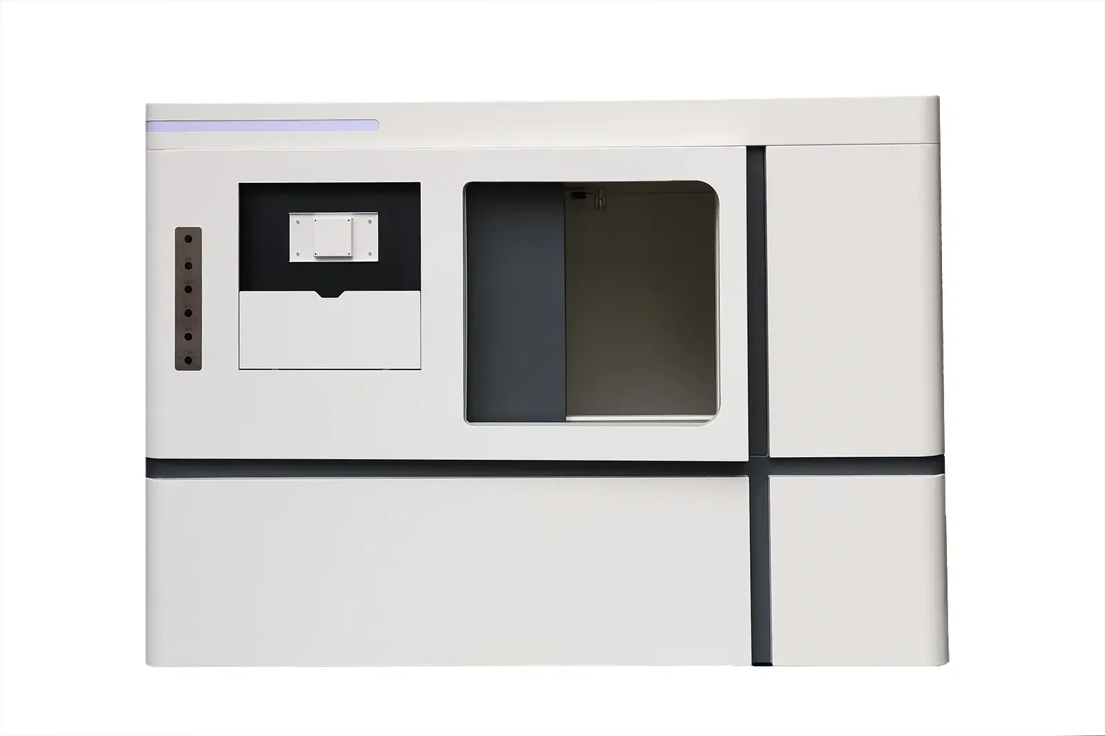Front view compact industrial X-ray CT radiation shielding metal cabinet with observation window and control panel cutouts