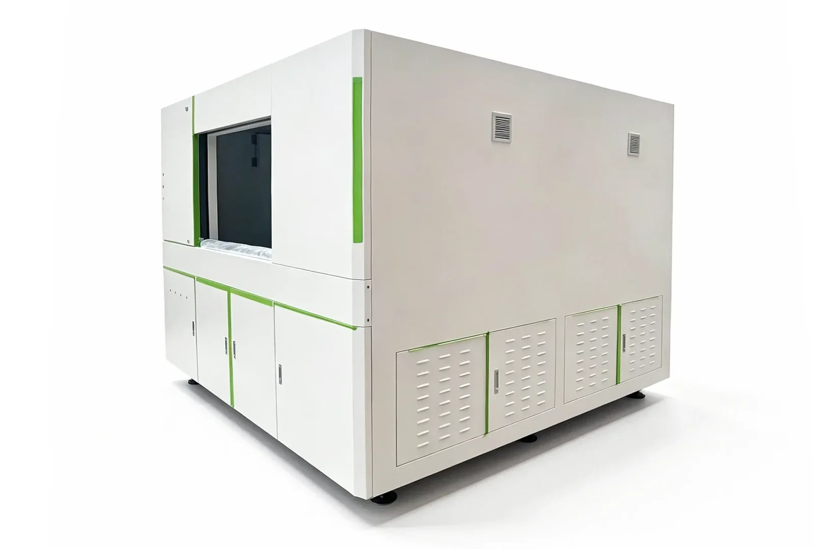 Finished white industrial X-ray CT radiation shielding sheet metal enclosure for NDT inspection equipment, front vented cabinet design