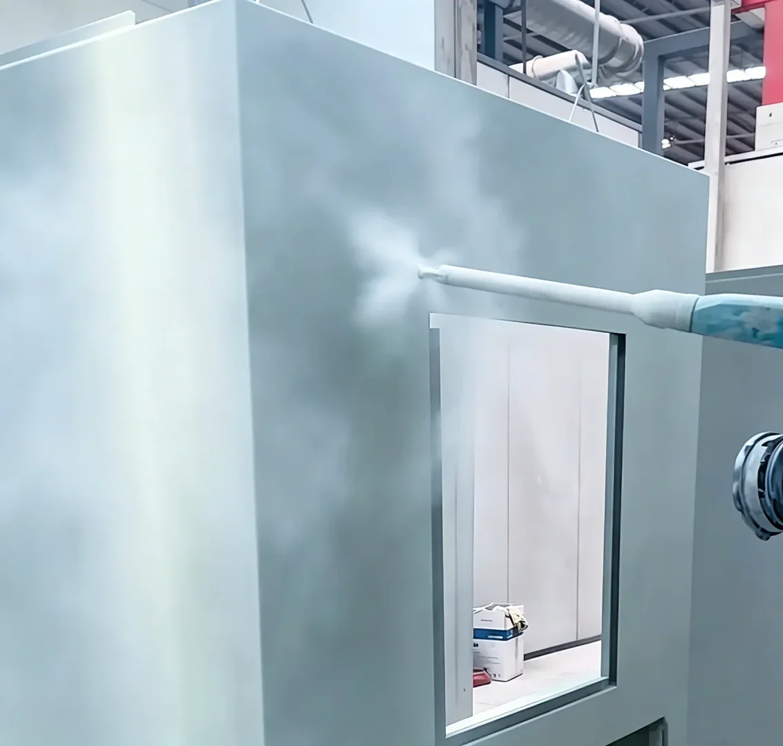 Electrostatic powder spraying surface treatment process for sheet metal in factory workshop