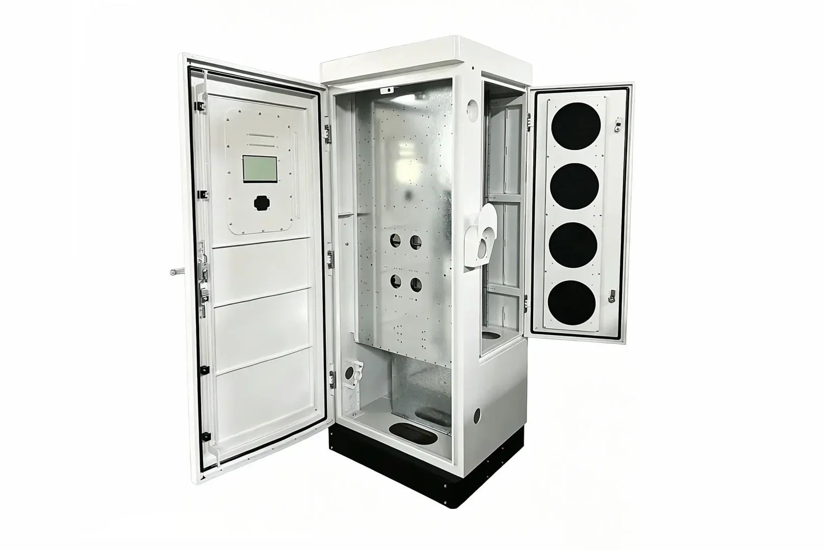 Open dual-door custom sheet metal cabinet for DC EV charging station, pre-cut openings for touchscreen, charging cables and ventilation ports