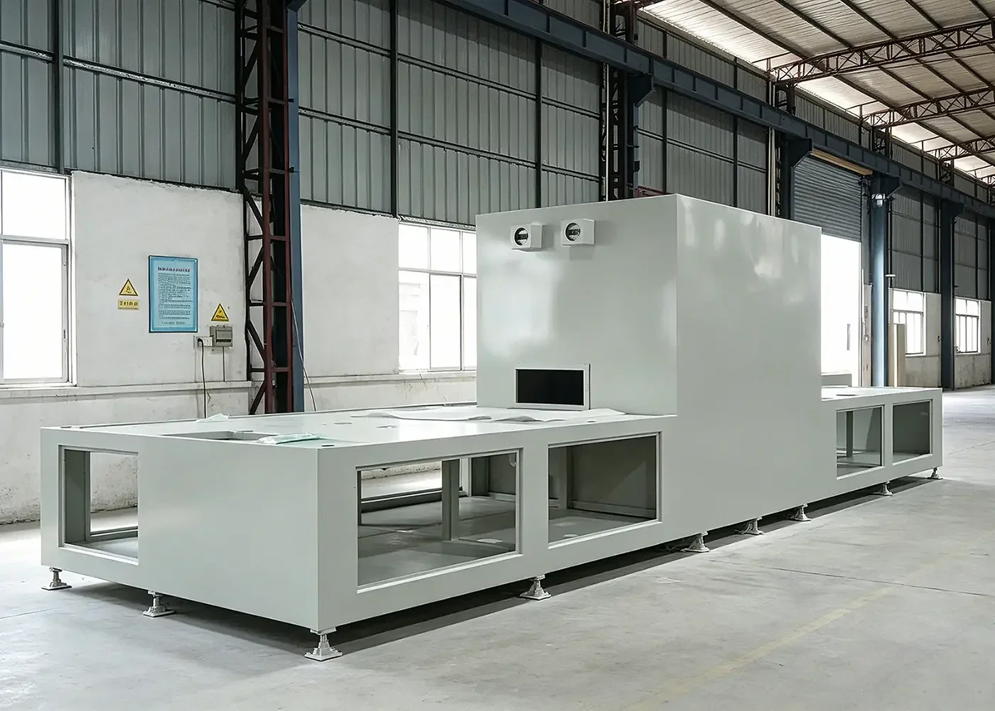 39 ft extra large custom sheet metal radiation shield cabinet for industrial X-ray CT equipment inside production workshop