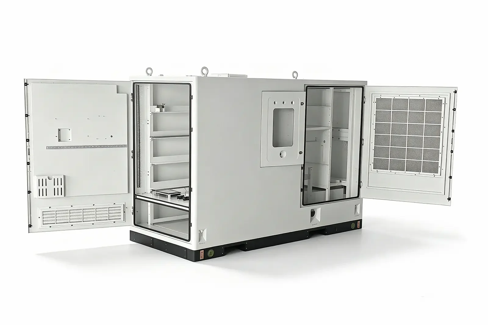 Open all-in-one sheet metal cabinet for integrated EV charging and energy storage, with internal racks and ventilation panels
