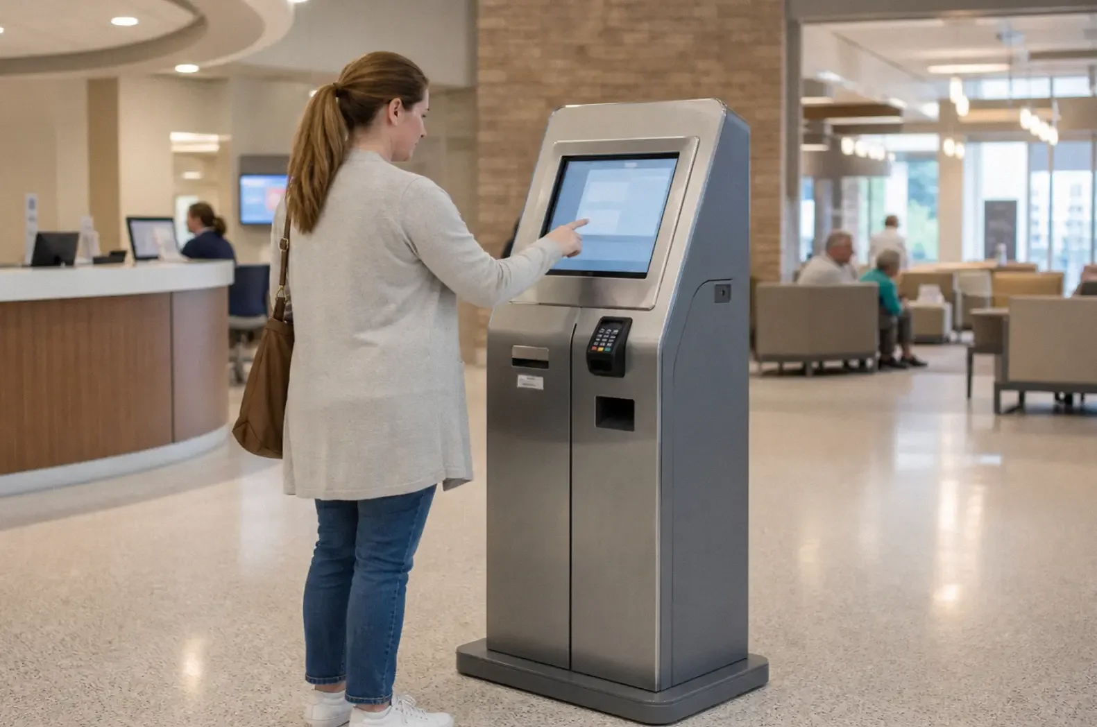 Patient using a floor-standing sheet metal medical kiosk enclosure in a hospital registration area
