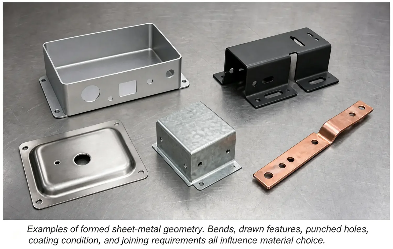 Examples of formed sheet metal geometry including bends, drawn features, and punched holes