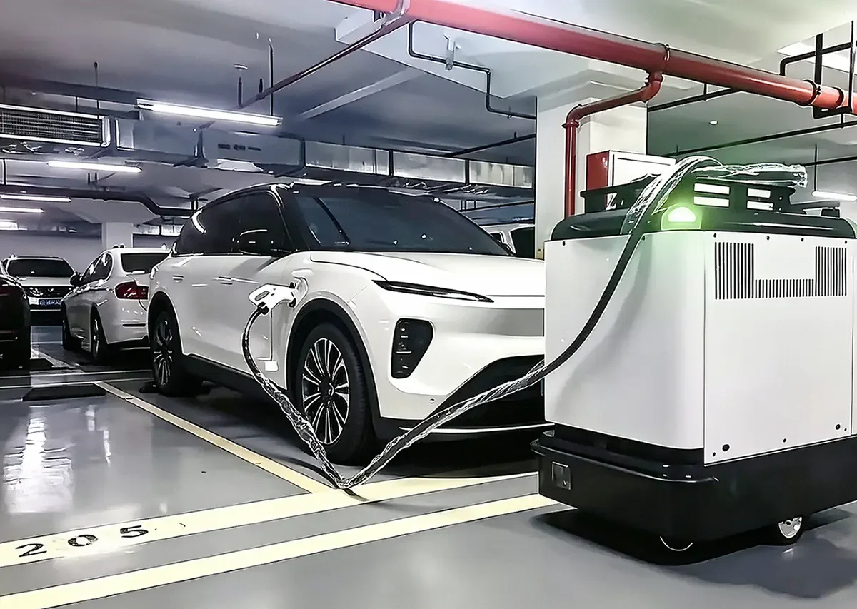 Metal enclosure for smart mobile DC EV charger charging vehicle in underground parking garage
