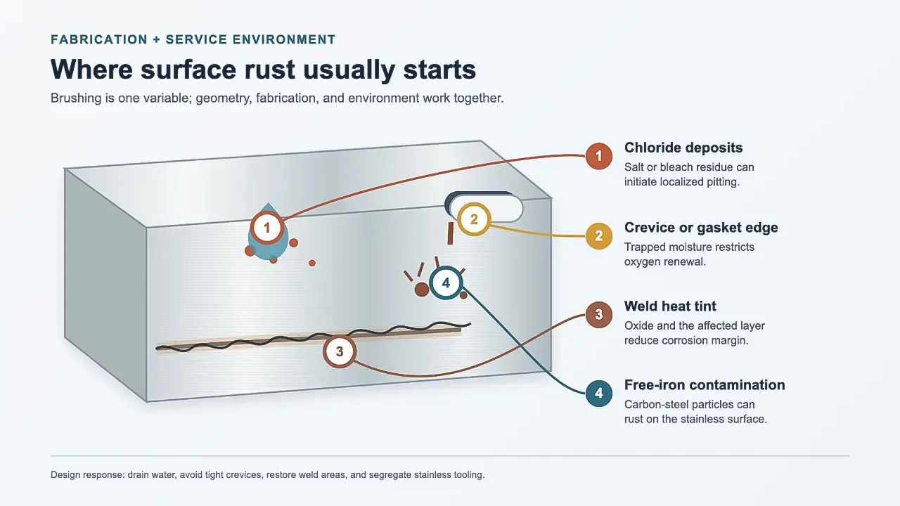 Diagram showing chloride deposits, crevices, weld heat tint, and free-iron contamination on brushed 304 stainless steel