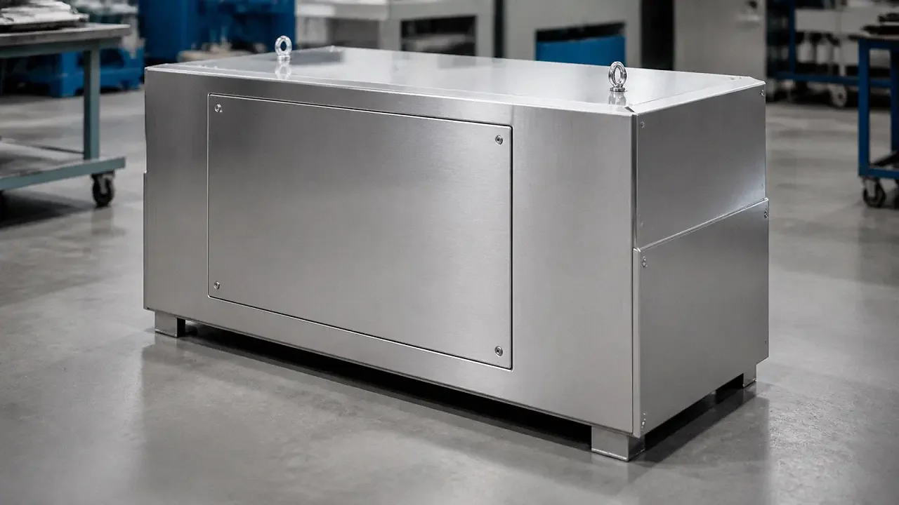 Brushed 304 stainless steel sheet metal enclosure with a consistent directional grain finish
