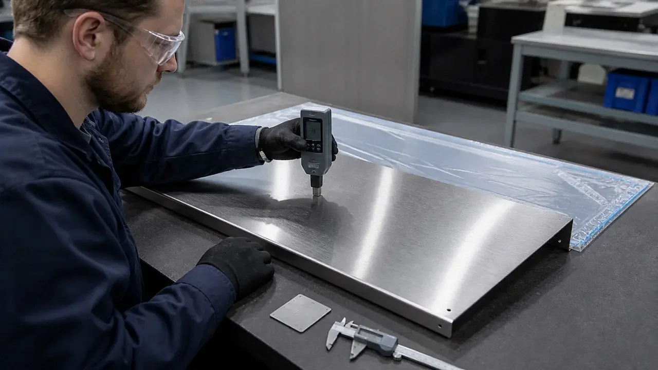 Quality technician checking surface roughness and grain direction on a brushed 304 stainless steel sheet metal panel