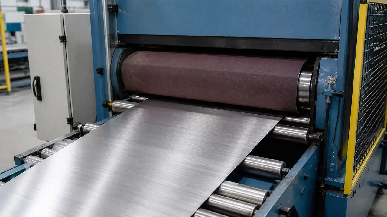 Stainless steel sheet passing through a wide-belt machine for a directional brushed finish