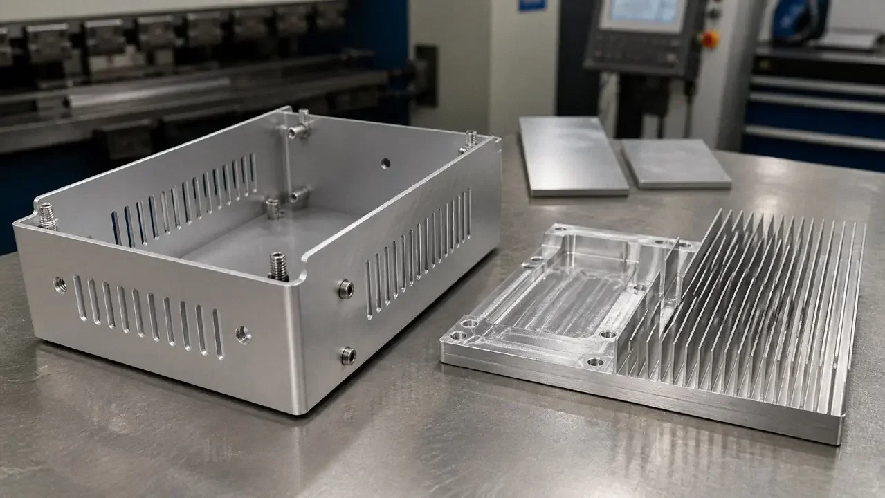 Formed 5052-H32 aluminum enclosure beside a machined 6061-T6 aluminum heat sink