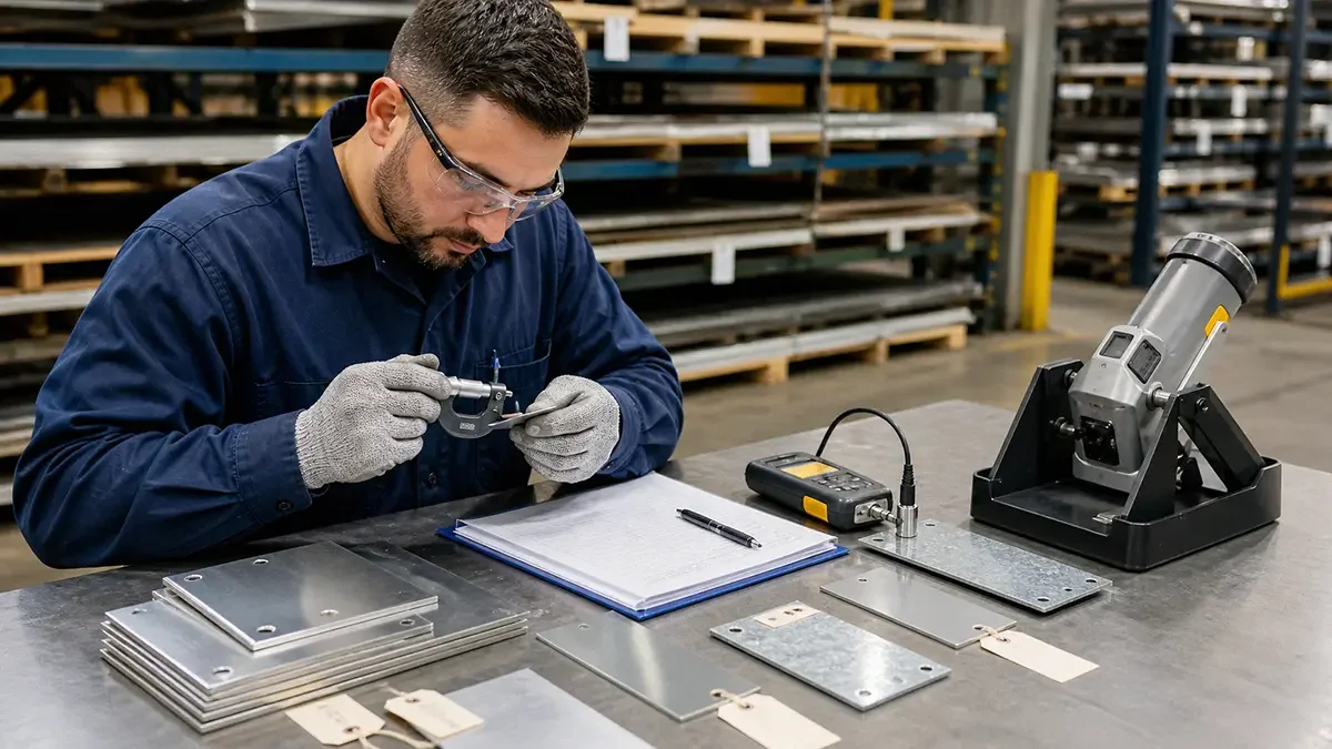 Quality technician verifying sheet metal grade, thickness, coating, and material certificates before fabrication