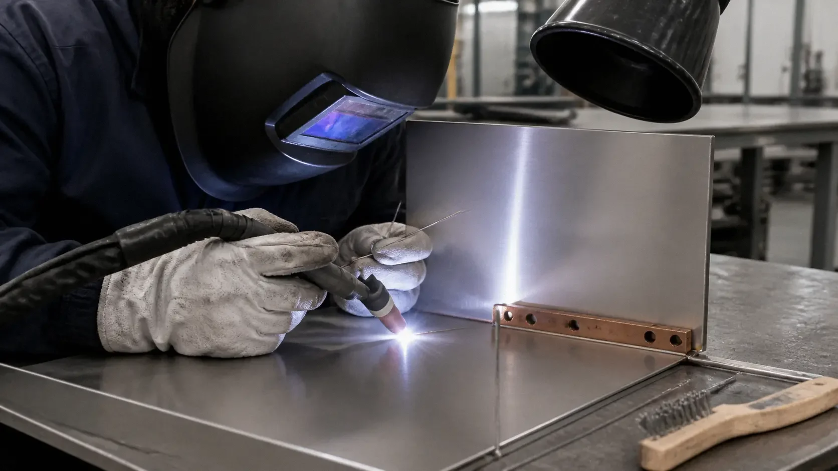 Technician TIG welding a 304L stainless steel sheet metal enclosure with local fume extraction