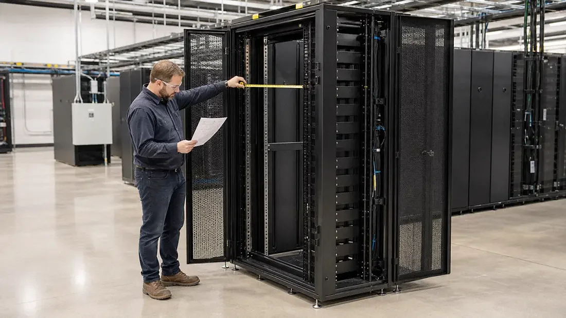 Engineer reviewing equipment layout and service clearances beside a data center server rack
