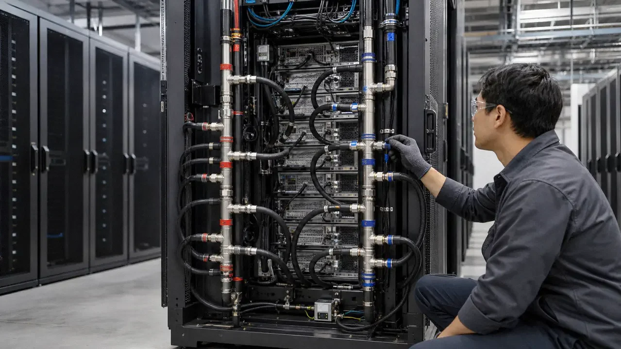 High-density AI server rack with rear liquid cooling manifold, quick disconnects, and leak detection