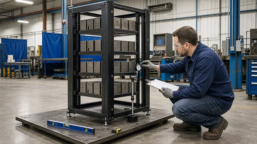 Quality technician measuring server rack frame deflection during a calibrated static load test