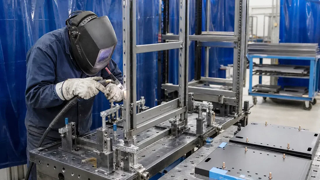 Fabricator welding a sheet metal server rack frame in a dimensional fixture