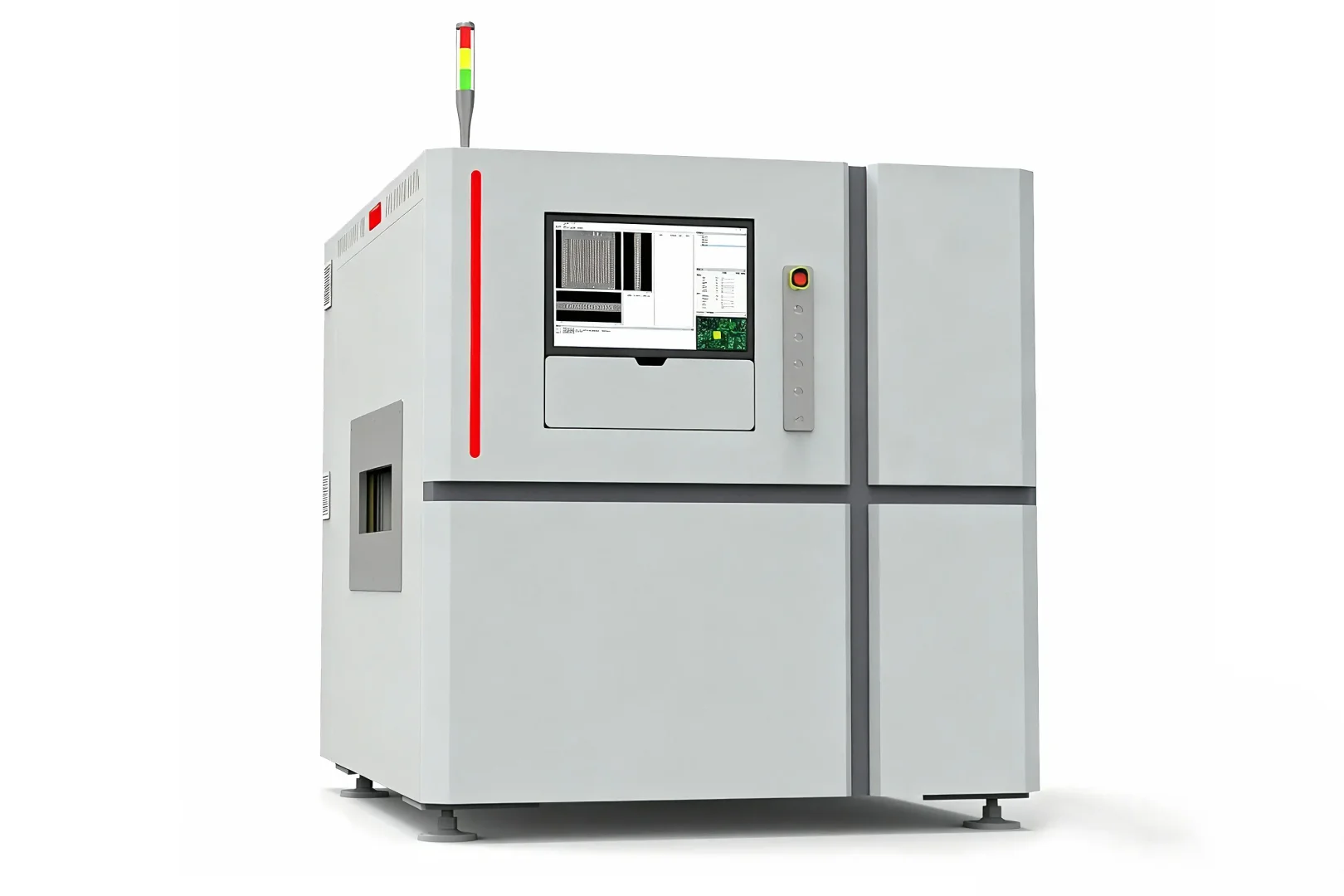 Custom modular spliced metal cabinet housing for industrial CT scanning equipment with ventilation drawers and leveling feet